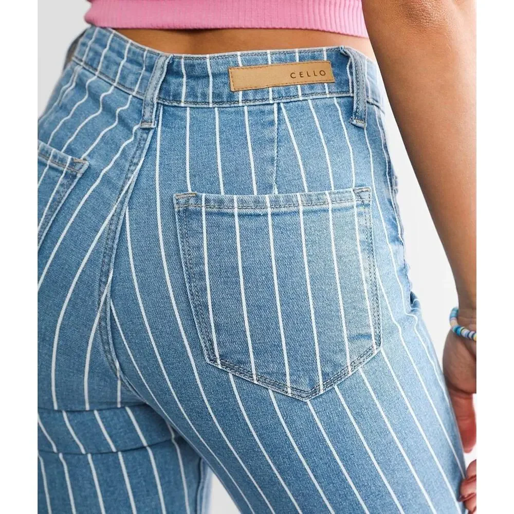 Cello High Rise Pinstripe Flare Jeans Size 00/0 Bell Bottom Raw Hem Retro Y2K - Picture 9 of 12